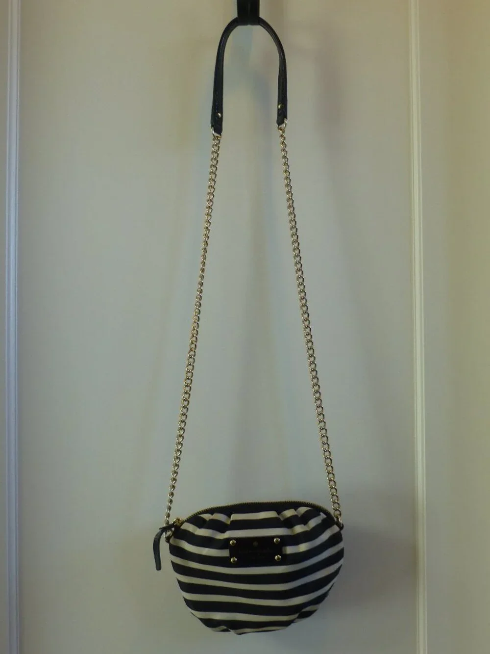 Kate Spade Black White Stripe Satin Crossbody Bag Silver Chain Strap Purse